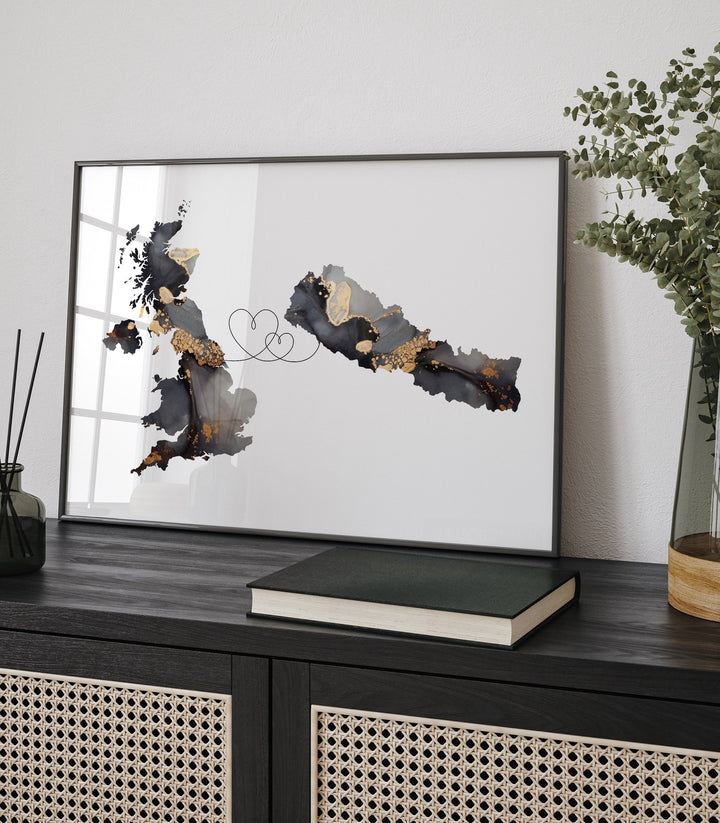 Britain and Nepal Map Black & Gold Travel Wall Art Print | United Kingdom | UK