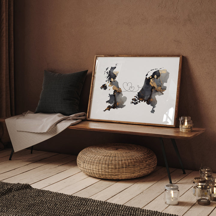 Britain and Netherlands Map Black & Gold Travel Wall Art Print | United Kingdom | UK