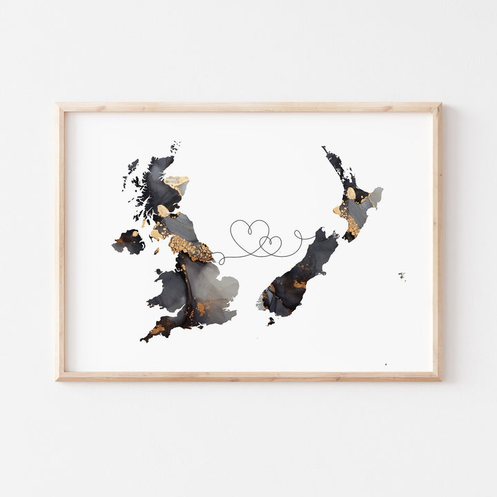 Britain and New Zealand Map Black & Gold Travel Wall Art Print | United Kingdom | UK