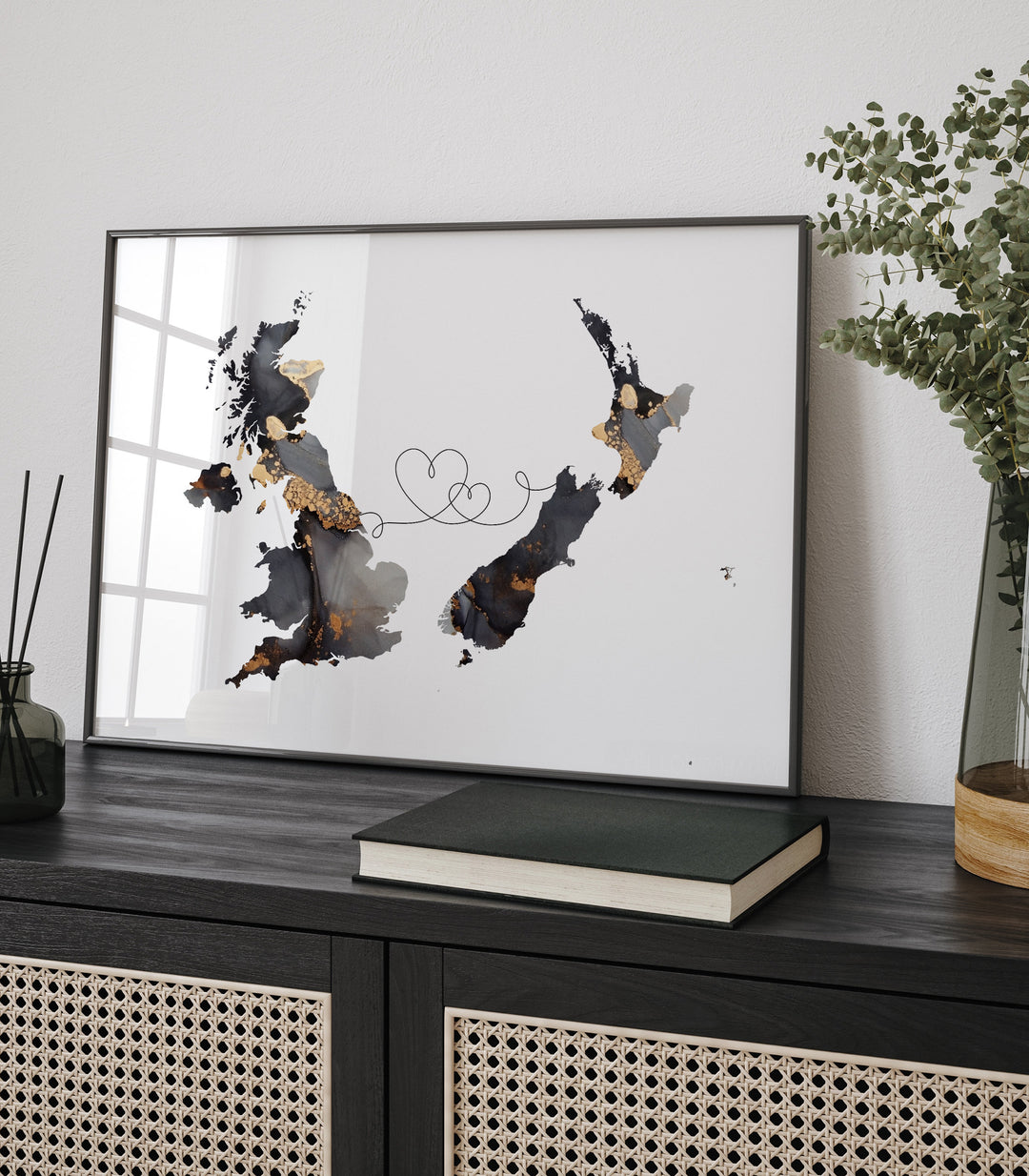 Britain and New Zealand Map Black & Gold Travel Wall Art Print | United Kingdom | UK