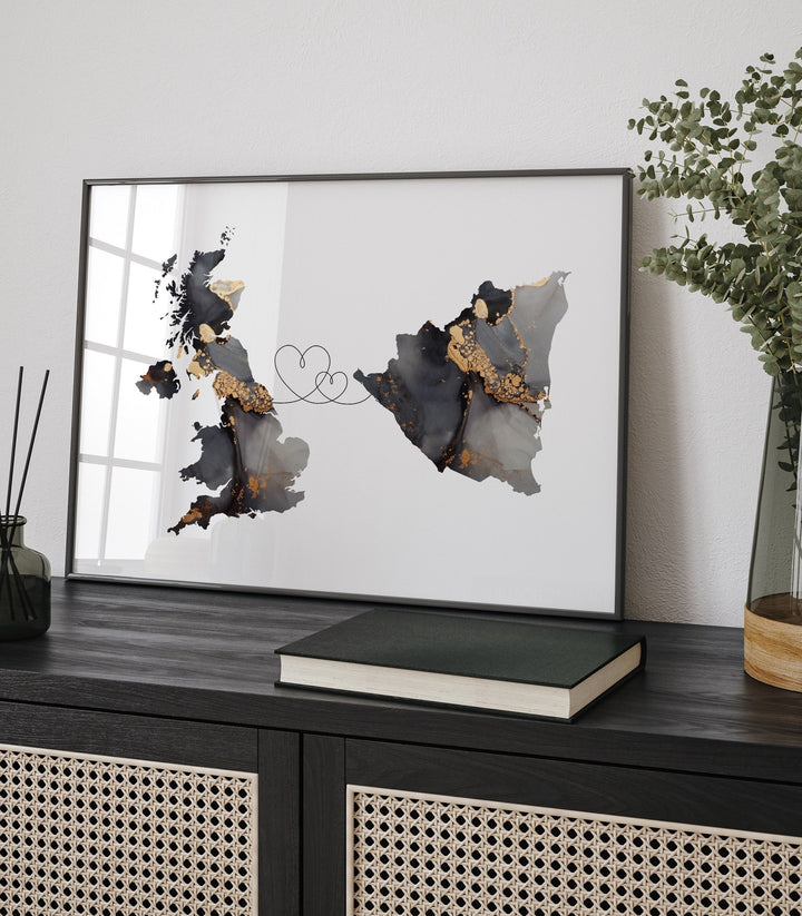 Britain and Nicaragua Map Black & Gold Travel Wall Art Print | United Kingdom | UK