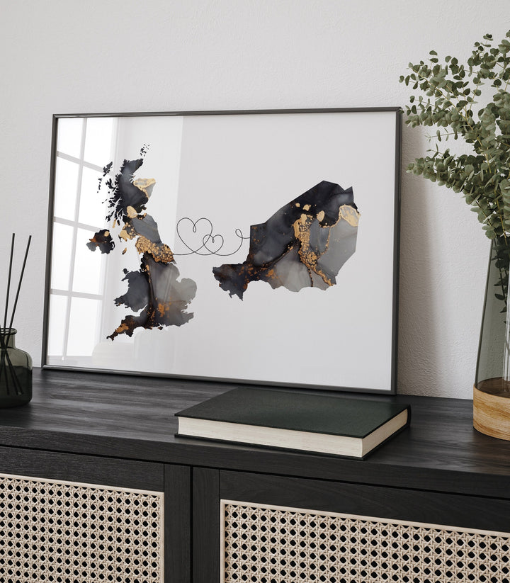 Britain and Niger Map Black & Gold Travel Wall Art Print | United Kingdom | UK