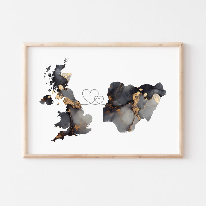 Britain and Nigeria Map Black & Gold Travel Wall Art Print | United Kingdom | UK