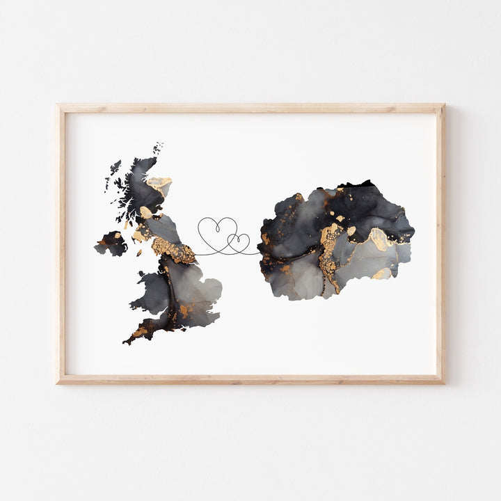 Britain and North Macedonia Map Black & Gold Travel Wall Art Print | United Kingdom | UK