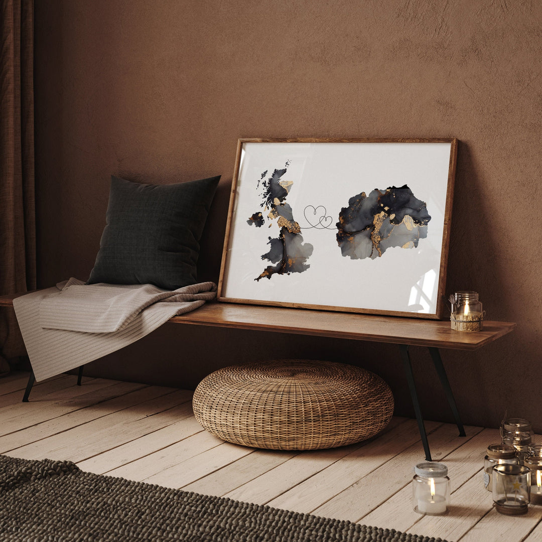 Britain and North Macedonia Map Black & Gold Travel Wall Art Print | United Kingdom | UK