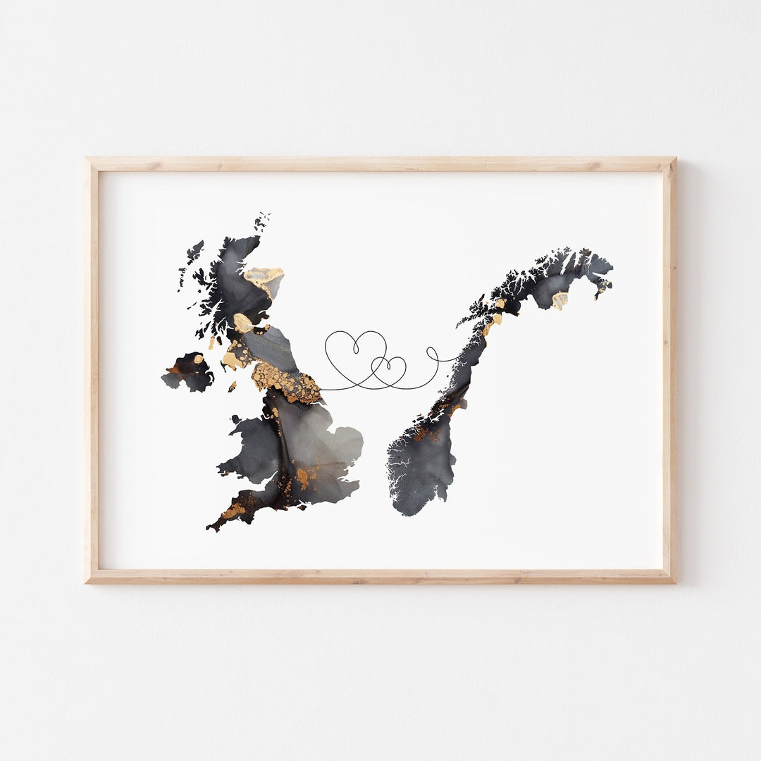 Britain and Norway Map Black & Gold Travel Wall Art Print | United Kingdom | UK