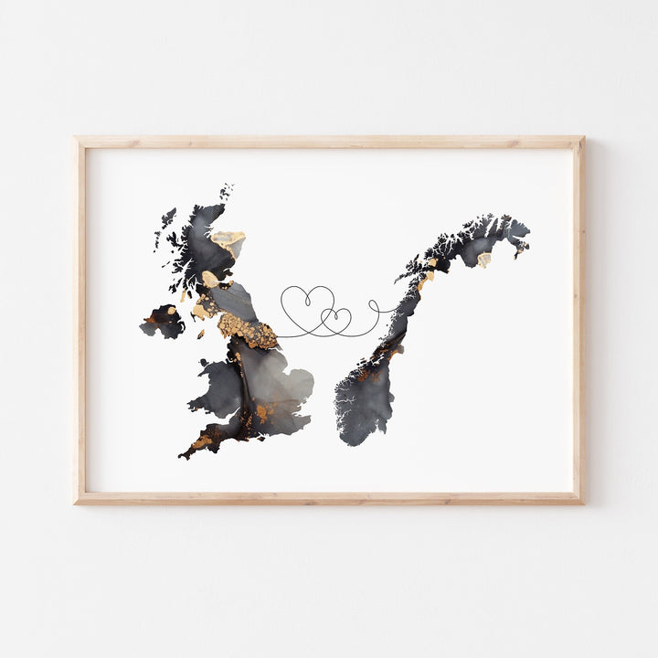 Britain and Norway Map Black & Gold Travel Wall Art Print | United Kingdom | UK
