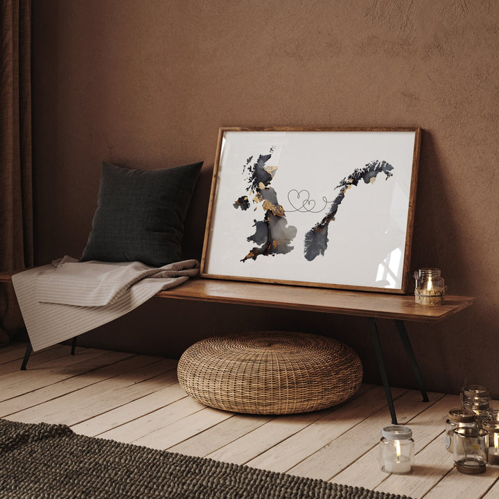 Britain and Norway Map Black & Gold Travel Wall Art Print | United Kingdom | UK
