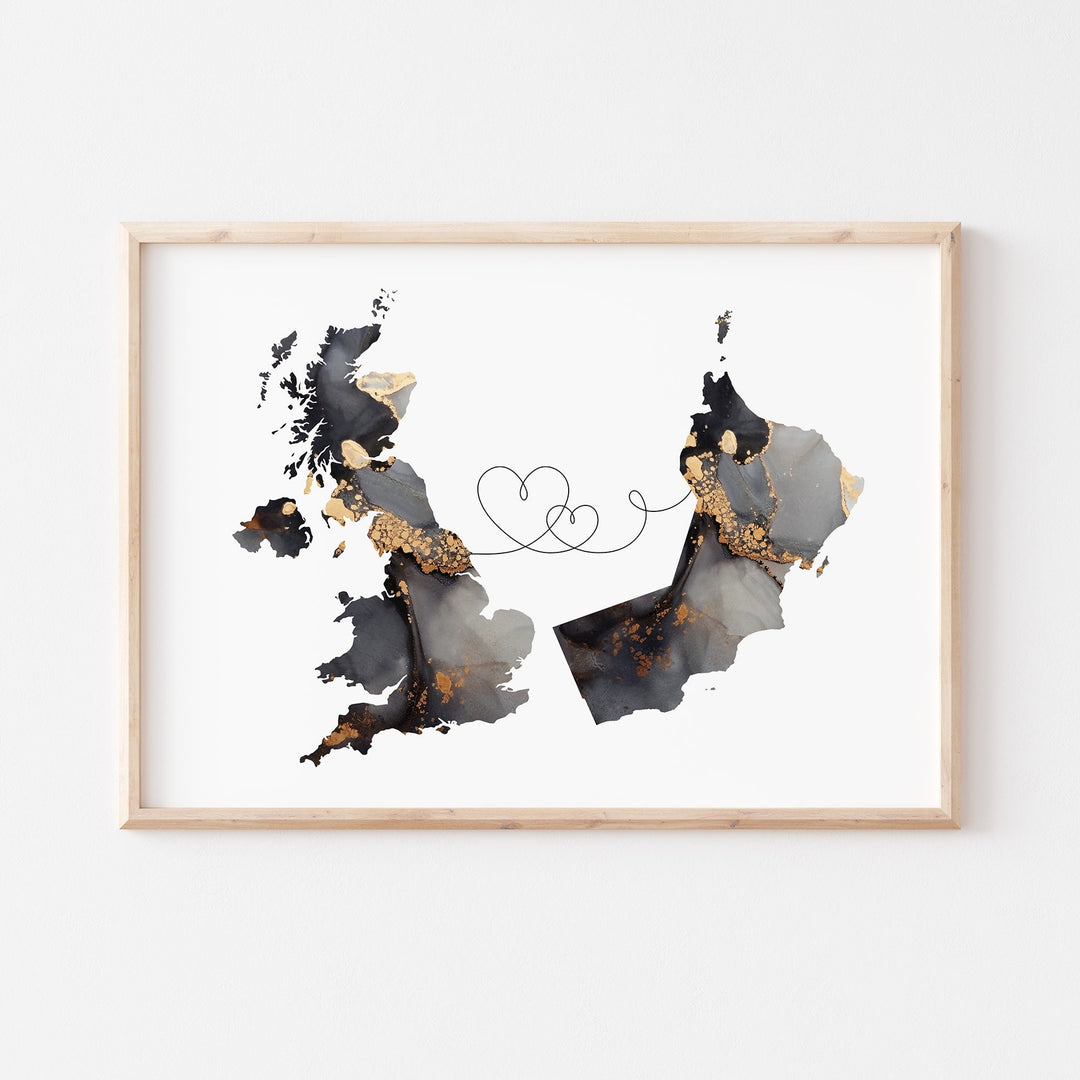 Britain and Oman Map Black & Gold Travel Wall Art Print | United Kingdom | UK