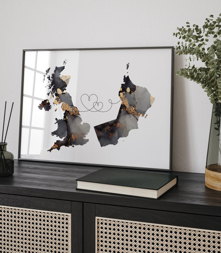 Britain and Oman Map Black & Gold Travel Wall Art Print | United Kingdom | UK
