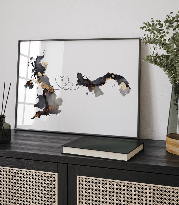 Britain and Panama Map Black & Gold Travel Wall Art Print | United Kingdom | UK