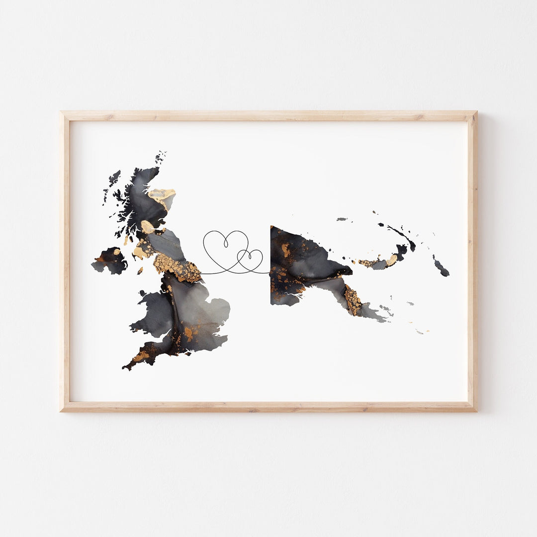 Britain and Papua New Guinea Map Black & Gold Travel Wall Art Print | United Kingdom | UK