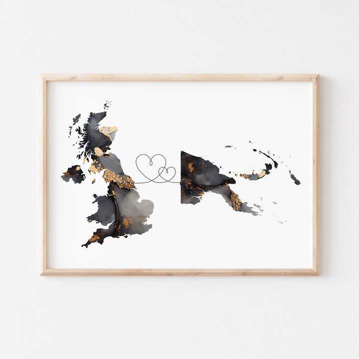 Britain and Papua New Guinea Map Black & Gold Travel Wall Art Print | United Kingdom | UK