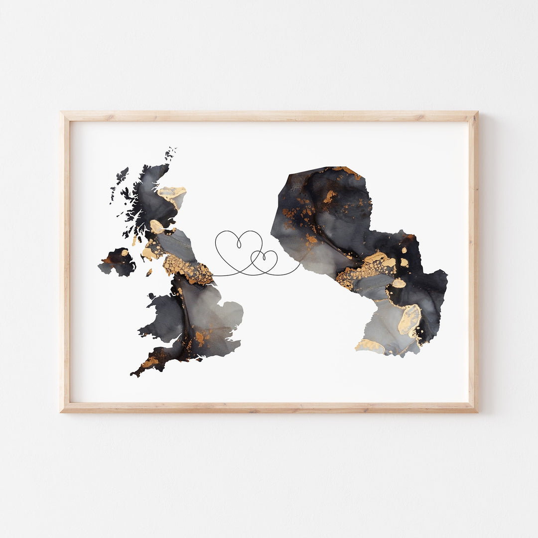 Britain and Paraguay Map Black & Gold Travel Wall Art Print | United Kingdom | UK