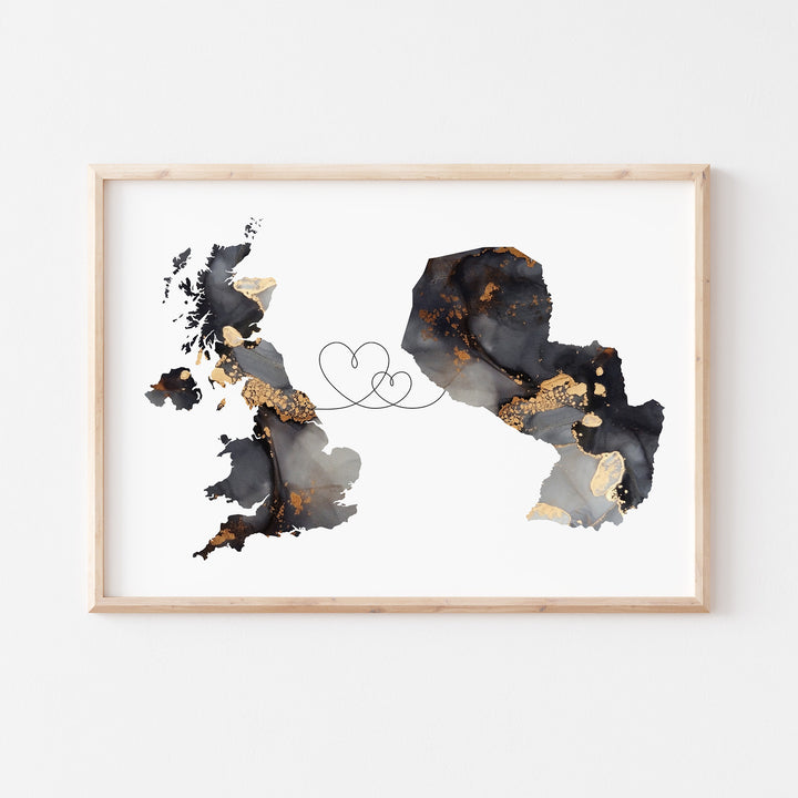 Britain and Paraguay Map Black & Gold Travel Wall Art Print | United Kingdom | UK