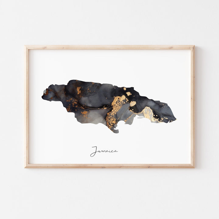 Jamaica Map Black & Gold Wall Art Print [Landscape Version]