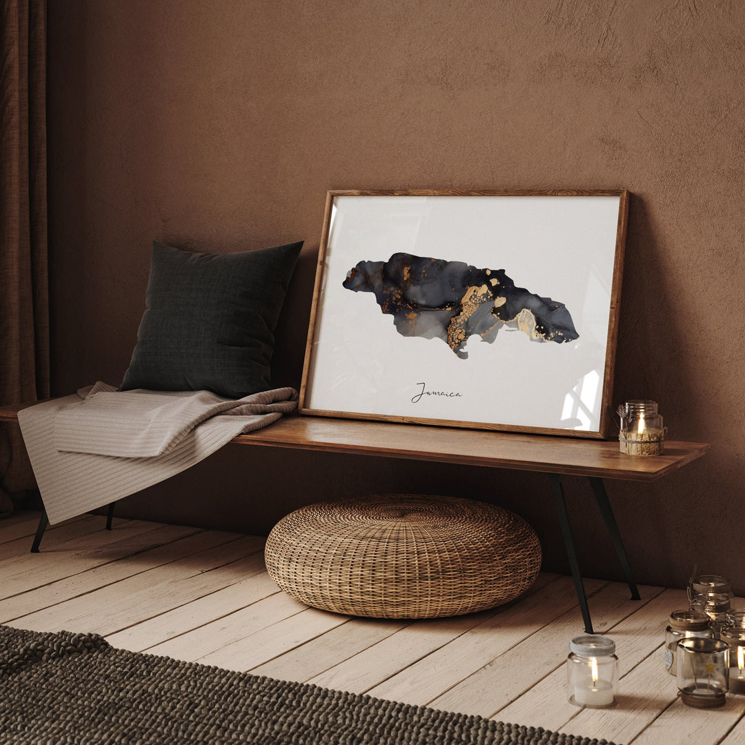 Jamaica Map Black & Gold Wall Art Print [Landscape Version]