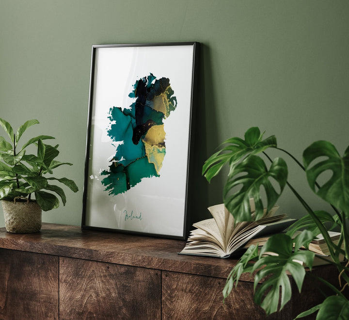 Ireland Map Emerald Green and Gold Wall Art Print