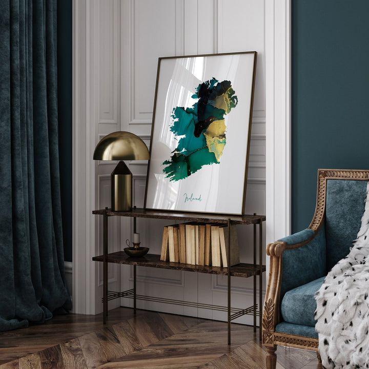 Ireland Map Emerald Green and Gold Wall Art Print