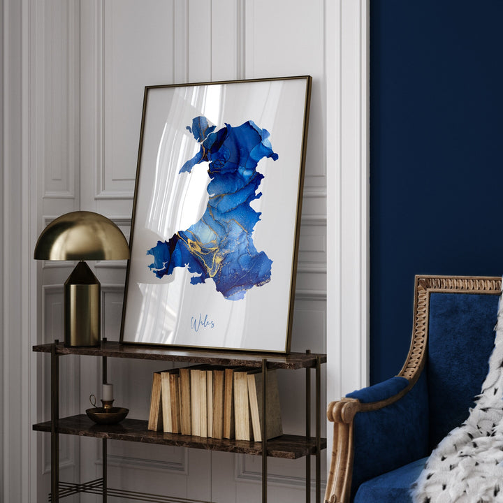 Wales Map Blue & Gold Wall Art Print