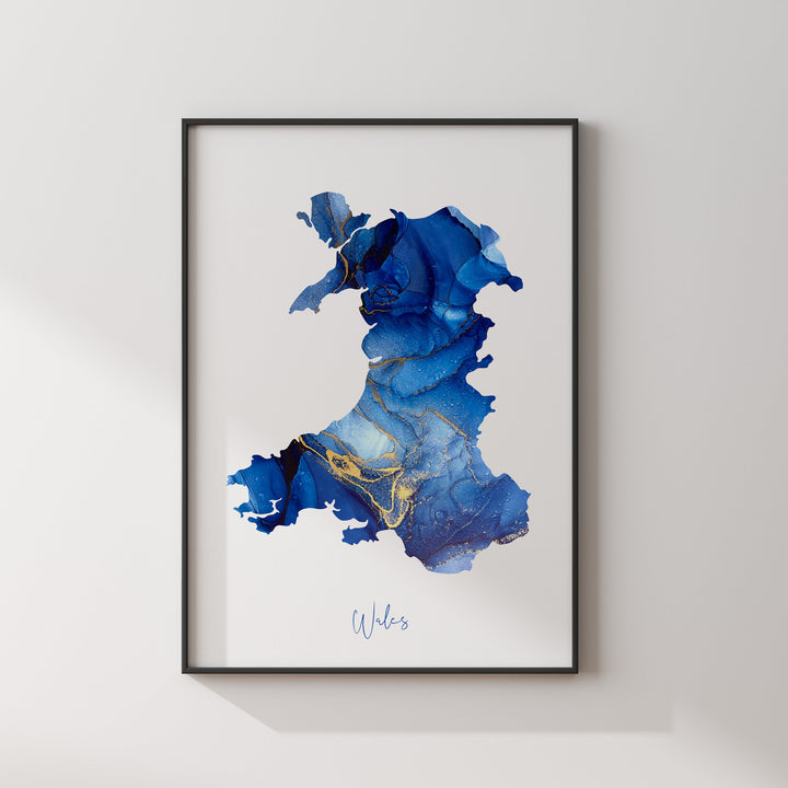 Wales Map Blue & Gold Wall Art Print