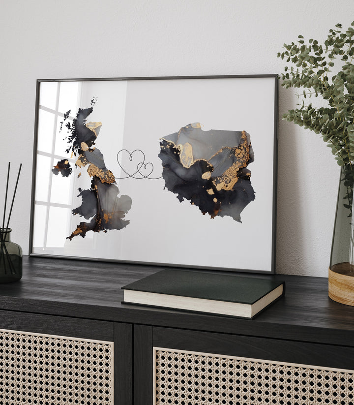 Britain and Poland Map Black & Gold Travel Wall Art Print | United Kingdom | UK
