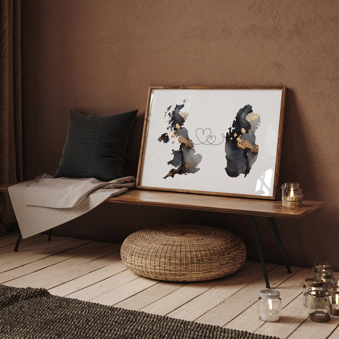 Britain and Qatar Map Black & Gold Travel Wall Art Print | United Kingdom | UK