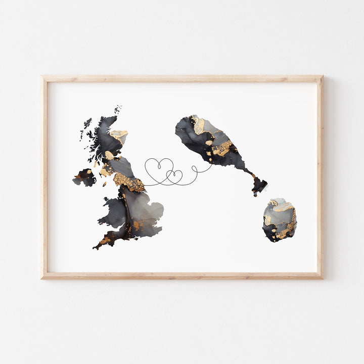 Britain and Saint Kitts and Nevis Map Black & Gold Travel Wall Art Print | United Kingdom | UK