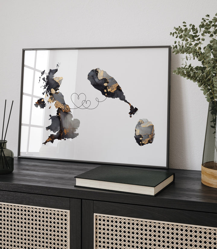 Britain and Saint Kitts and Nevis Map Black & Gold Travel Wall Art Print | United Kingdom | UK