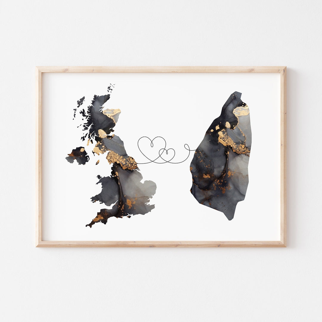 Britain and Saint Lucia Map Black & Gold Travel Wall Art Print | United Kingdom | UK