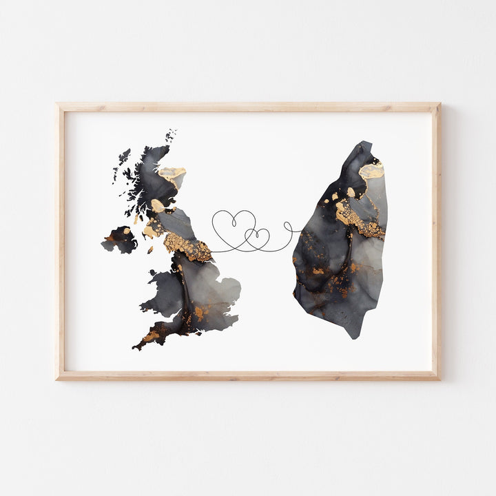 Britain and Saint Lucia Map Black & Gold Travel Wall Art Print | United Kingdom | UK