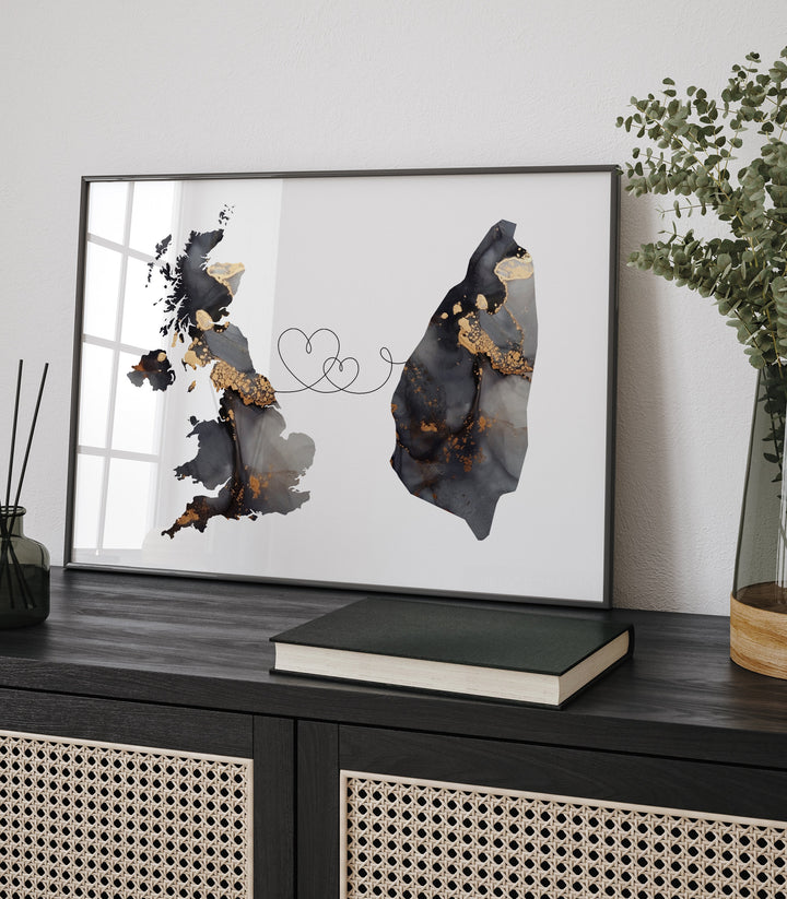 Britain and Saint Lucia Map Black & Gold Travel Wall Art Print | United Kingdom | UK