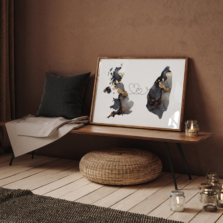 Britain and Saint Lucia Map Black & Gold Travel Wall Art Print | United Kingdom | UK