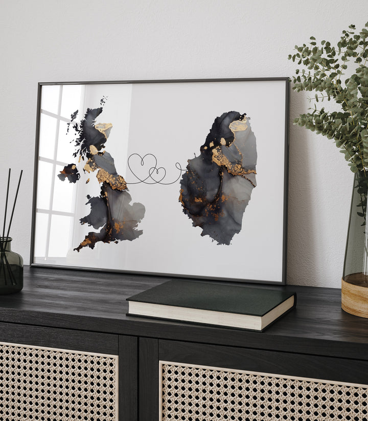 Britain and Saint Vincent Map Black & Gold Travel Wall Art Print | United Kingdom | UK