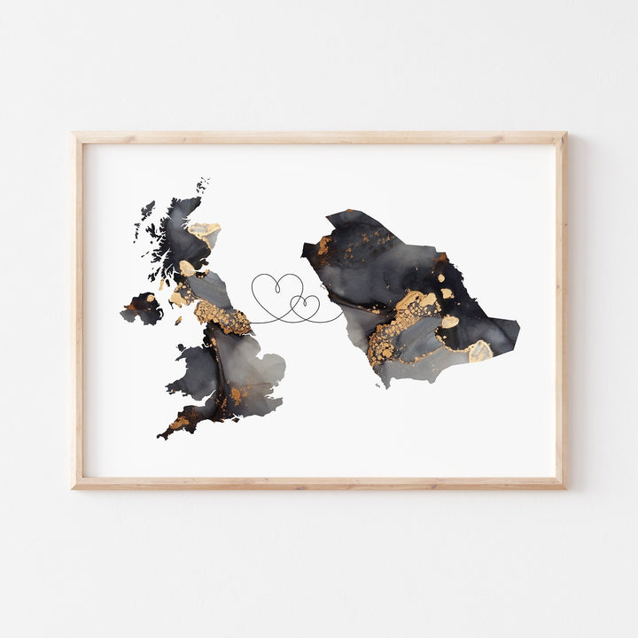 Britain and Saudi Arabia Map Black & Gold Travel Wall Art Print | United Kingdom | UK