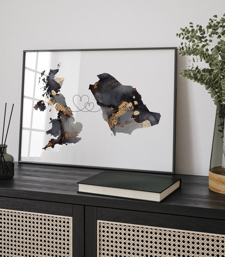 Britain and Saudi Arabia Map Black & Gold Travel Wall Art Print | United Kingdom | UK