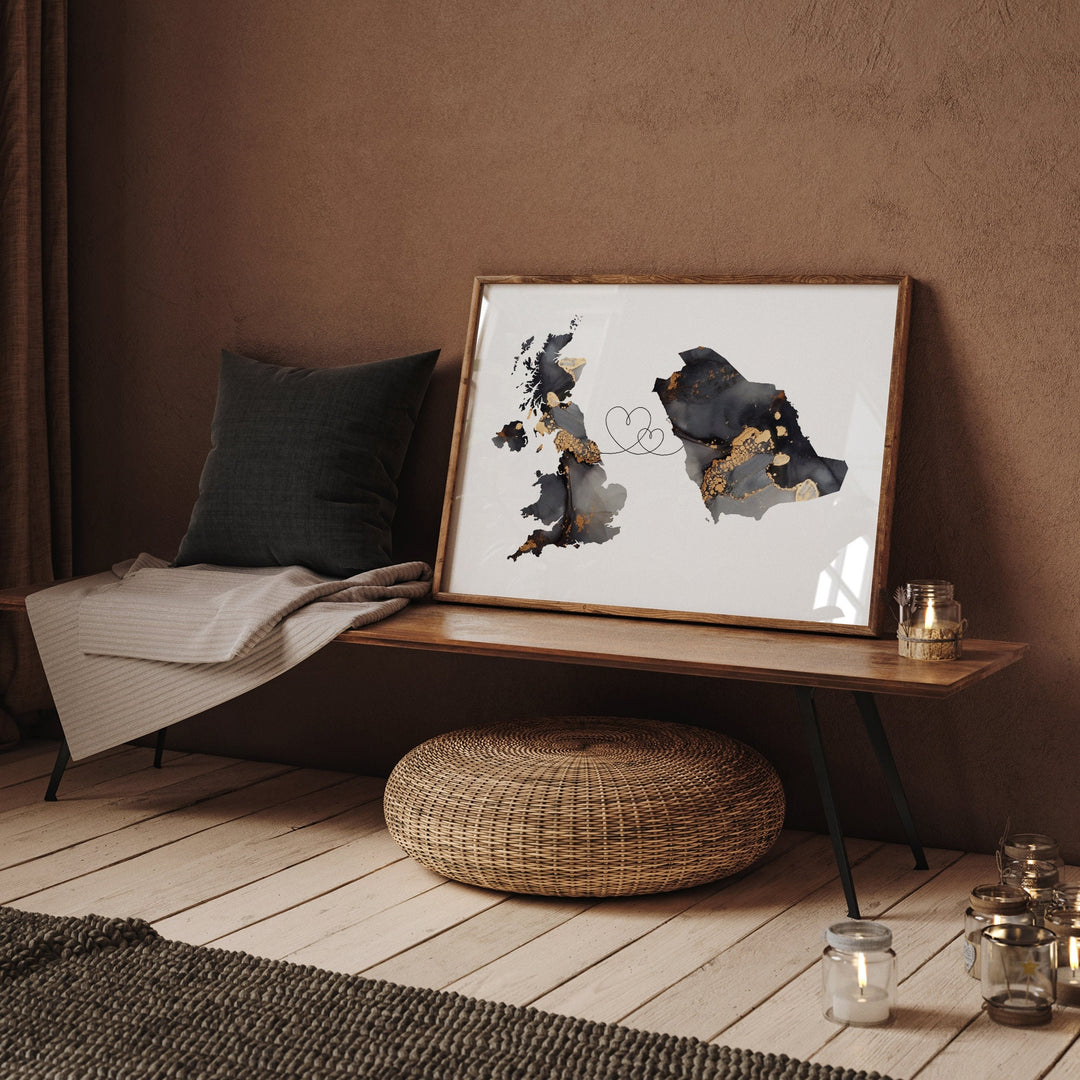 Britain and Saudi Arabia Map Black & Gold Travel Wall Art Print | United Kingdom | UK