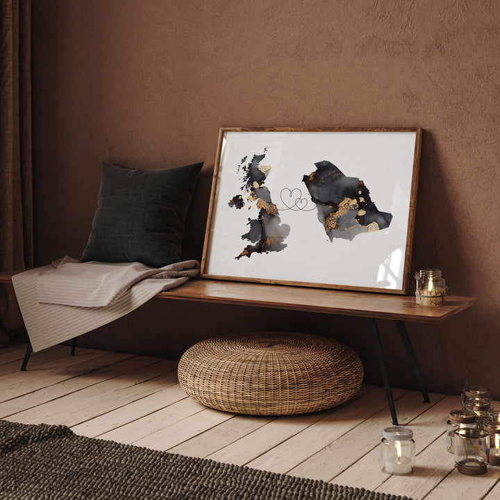 Britain and Saudi Arabia Map Black & Gold Travel Wall Art Print | United Kingdom | UK