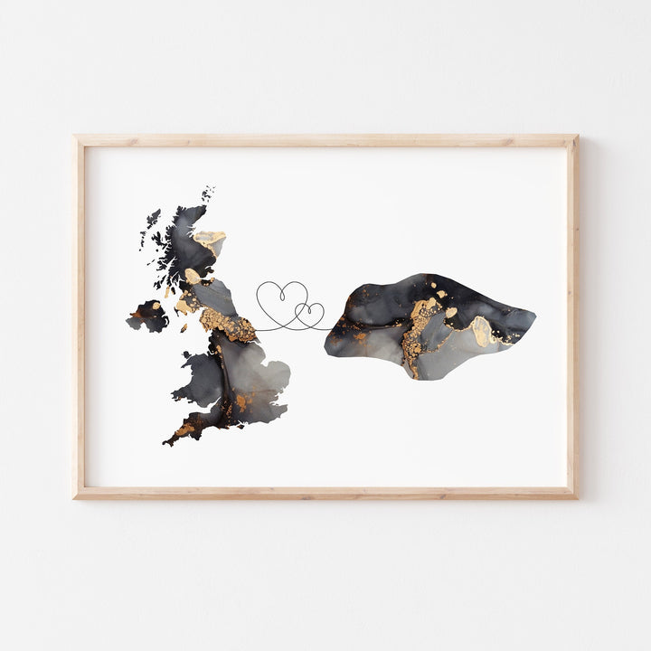 Britain and Singapore Map Black & Gold Travel Wall Art Print | United Kingdom | UK