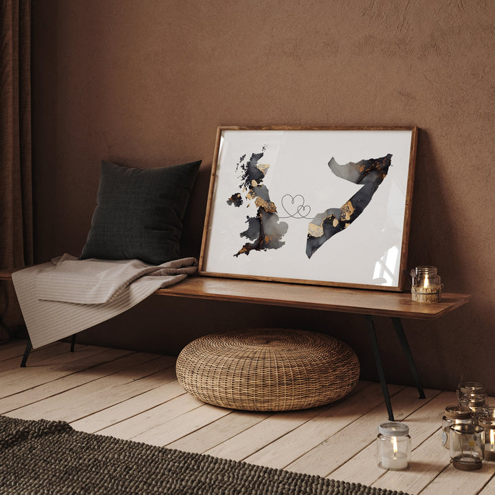 Britain and Somalia Map Black & Gold Travel Wall Art Print | United Kingdom | UK