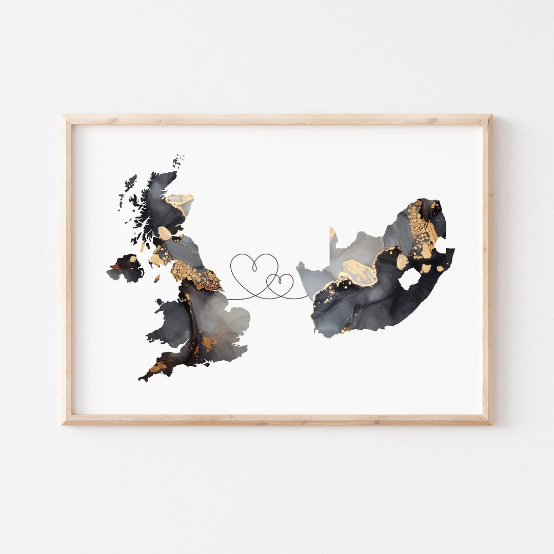 Britain and South Africa Map Black & Gold Travel Wall Art Print | United Kingdom | UK