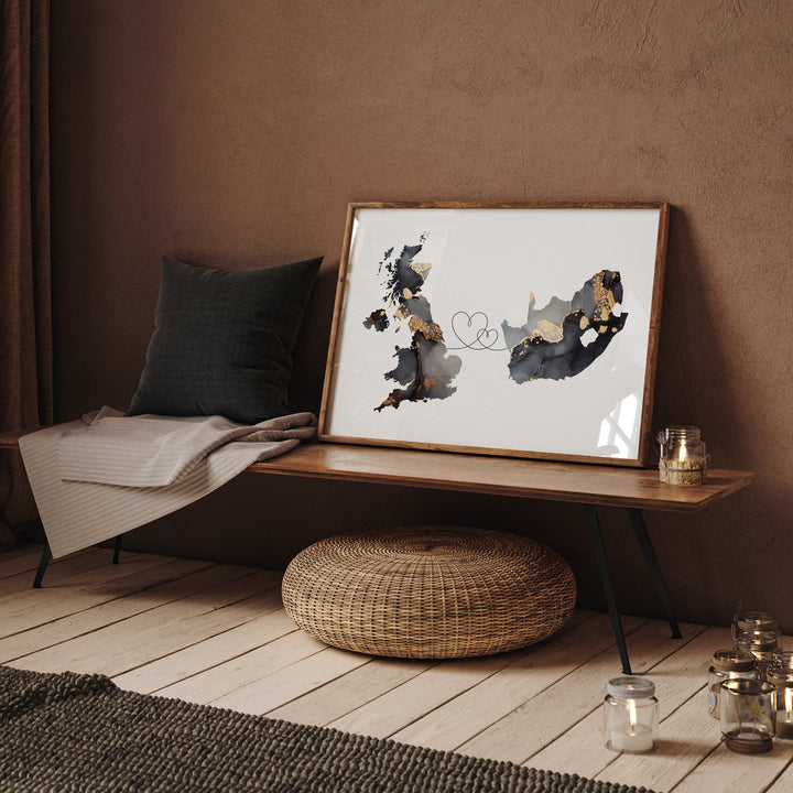Britain and South Africa Map Black & Gold Travel Wall Art Print | United Kingdom | UK