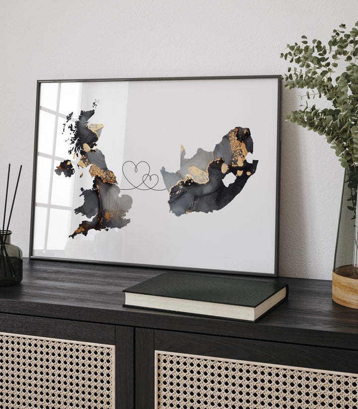 Britain and South Africa Map Black & Gold Travel Wall Art Print | United Kingdom | UK