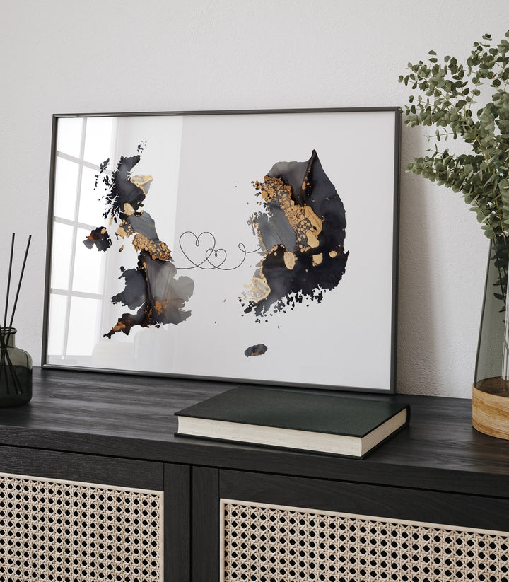 Britain and South Korea Map Black & Gold Travel Wall Art Print | United Kingdom | UK