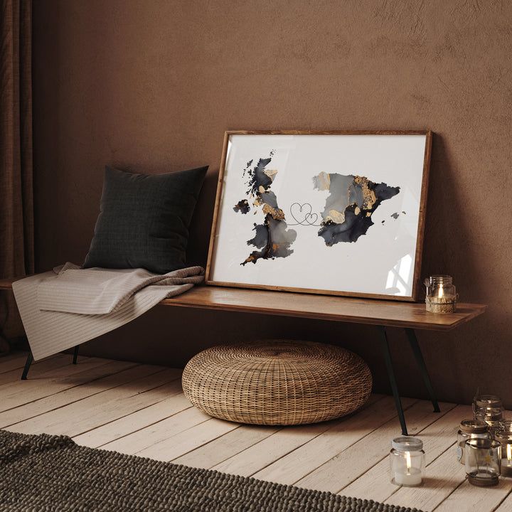 Britain and Spain Map Black & Gold Travel Wall Art Print | United Kingdom | UK