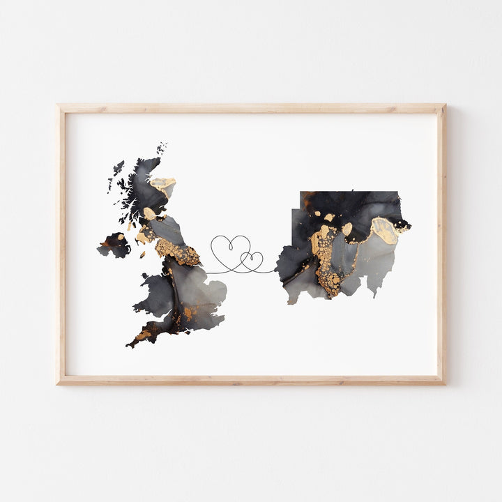Britain and Sudan Map Black & Gold Travel Wall Art Print | United Kingdom | UK
