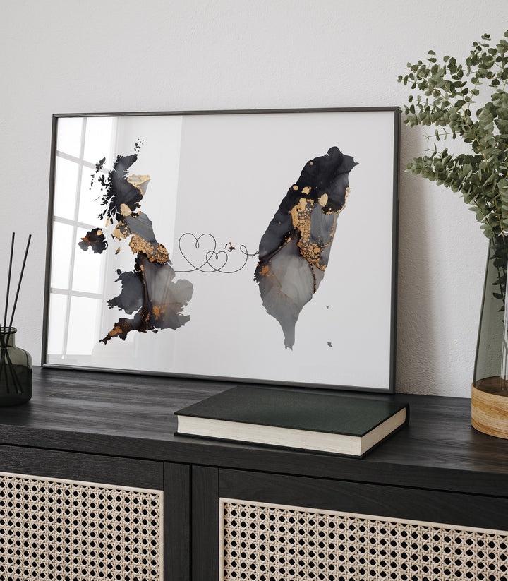 Britain and Taiwan Map Black & Gold Travel Wall Art Print | United Kingdom | UK