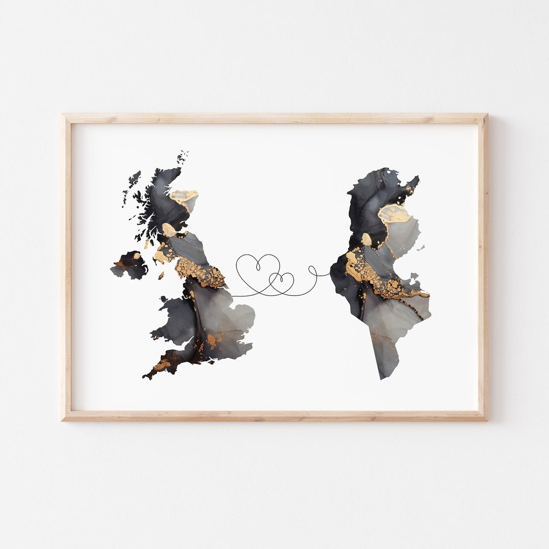 Britain and Tunisia Map Black & Gold Travel Wall Art Print | United Kingdom | UK