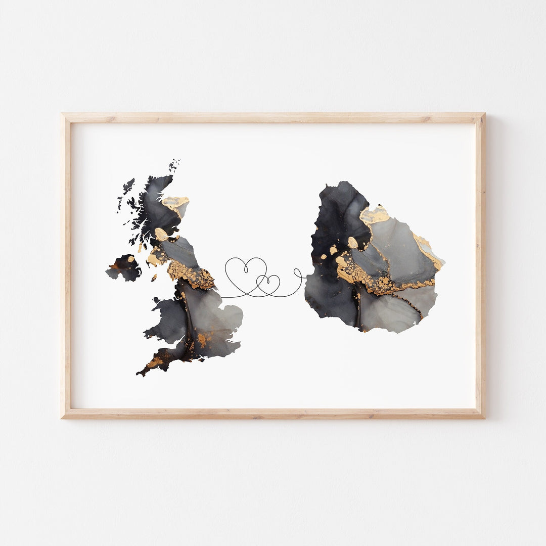 Britain and Uruguay Map Black & Gold Travel Wall Art Print | United Kingdom | UK