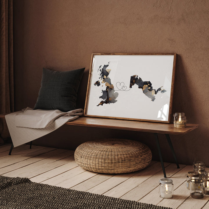 Britain and Uzbekistan Map Black & Gold Travel Wall Art Print | United Kingdom | UK